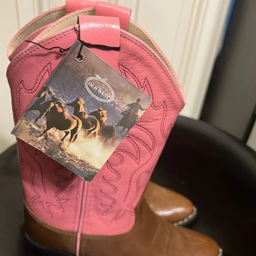 OLD WEST Girl's J Toe Tan Canyon/Pink Western Boot (8139) Sz 13.5